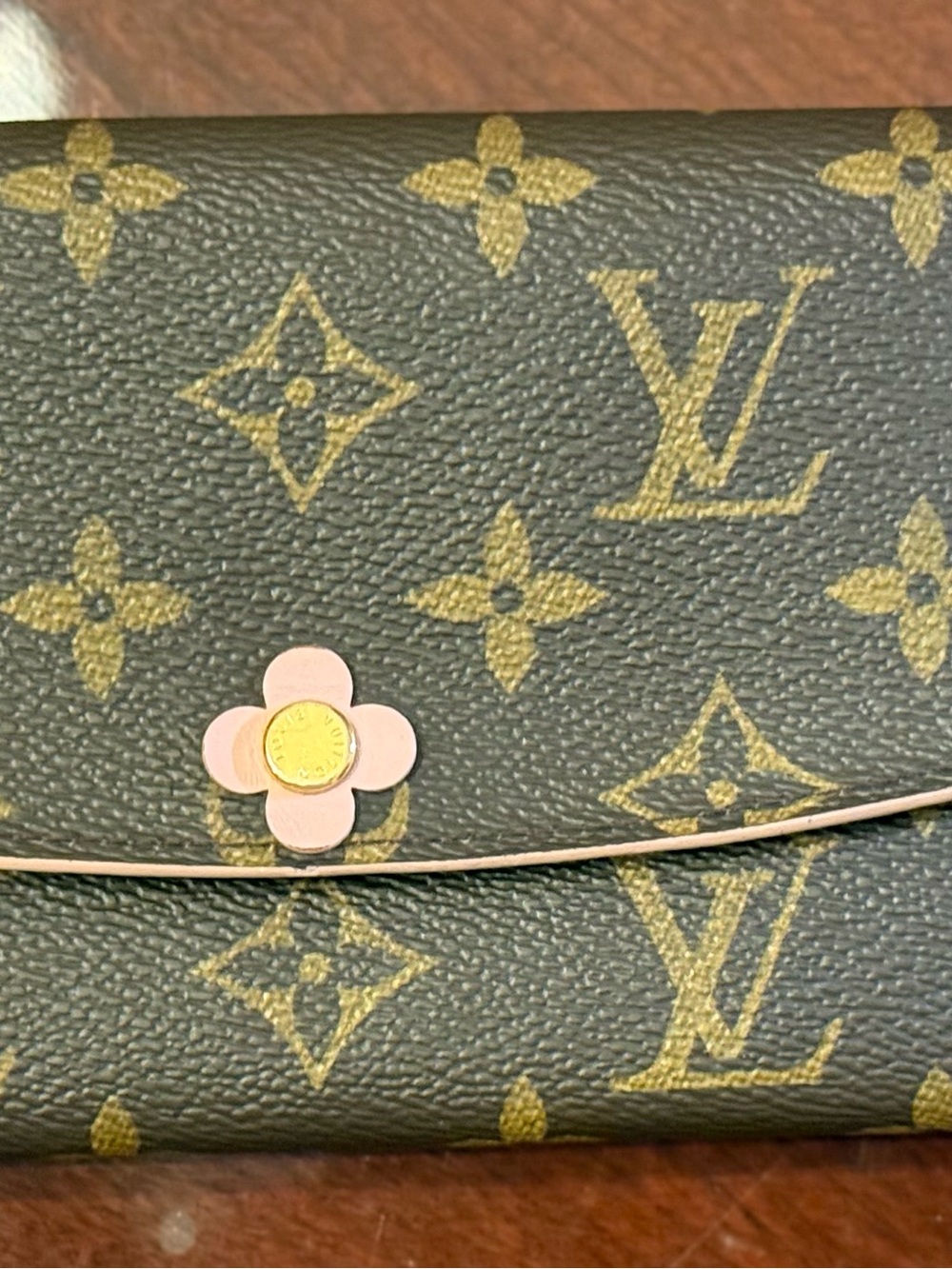 Louis Vuitton Brown Monogram Wallet with Pink Flower Accent